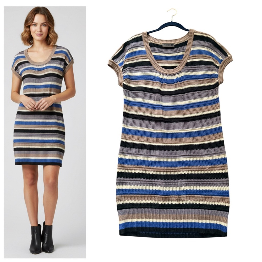Anthropologie Numph Striped Short Sleeve Knit Dress Size Large Retro Sweater